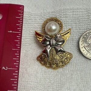 Gold and Silver Toned Angel Brooch with Faux Pearl Accent